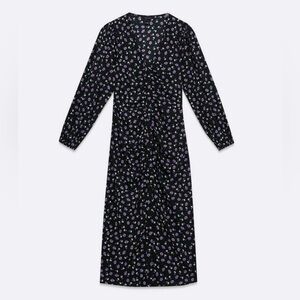 New Look Black Ditsy Floral Spot Crepe Ruched Midi Dress sz 12